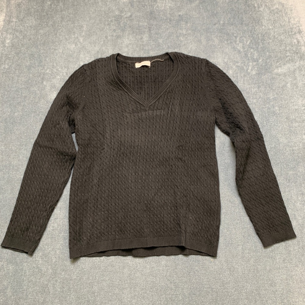 Charter Club Sweater Womens Black Cable Knit Long Sleeve Ribbed Trim Pullover